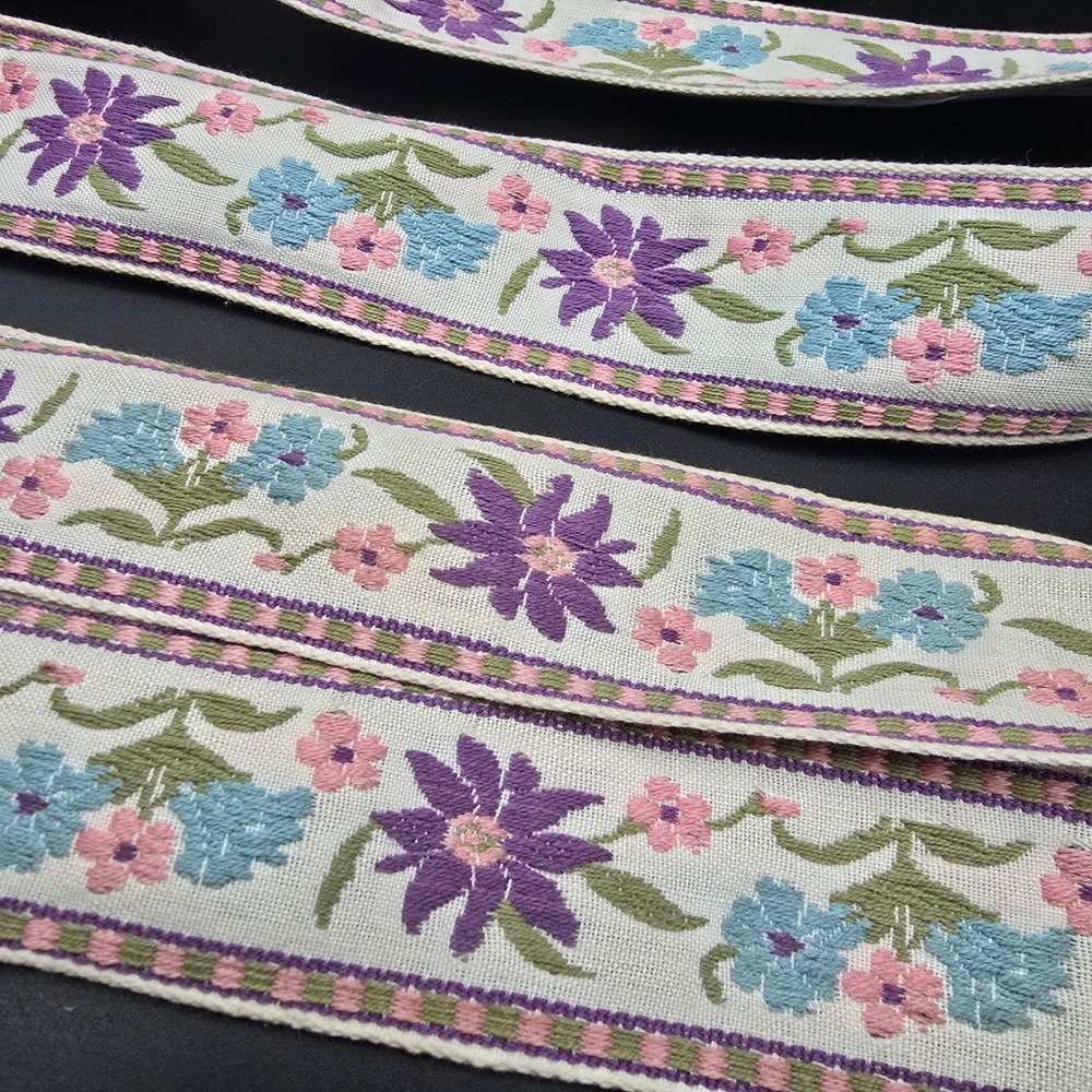 Vintage Pink Blue Floral Woven Jacquard Ribbon Trim 1.75 Inch